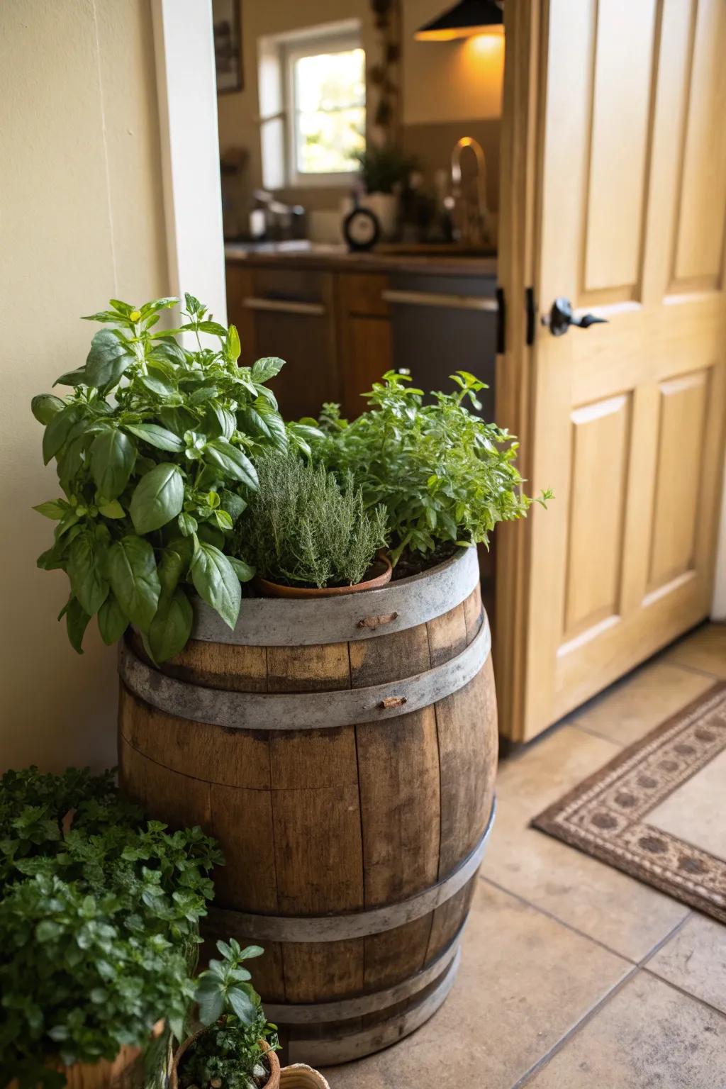 An immediate herb garden within a wine barrel.