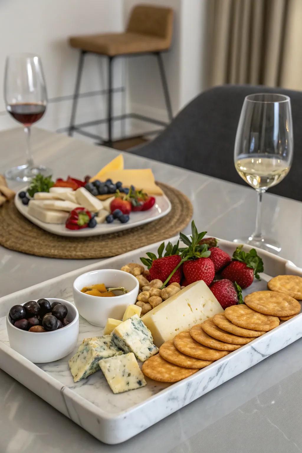Polished stone trays offer a sophisticated backdrop for your presentation.