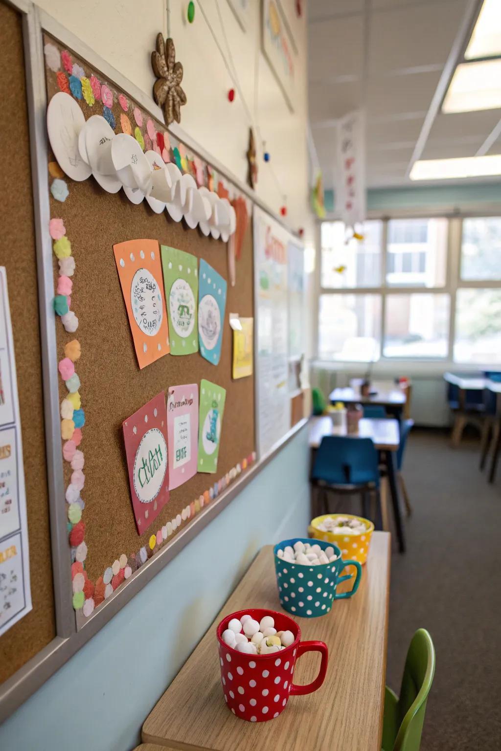 A hot cocoa theme infuses warmth into the winter bulletin board.