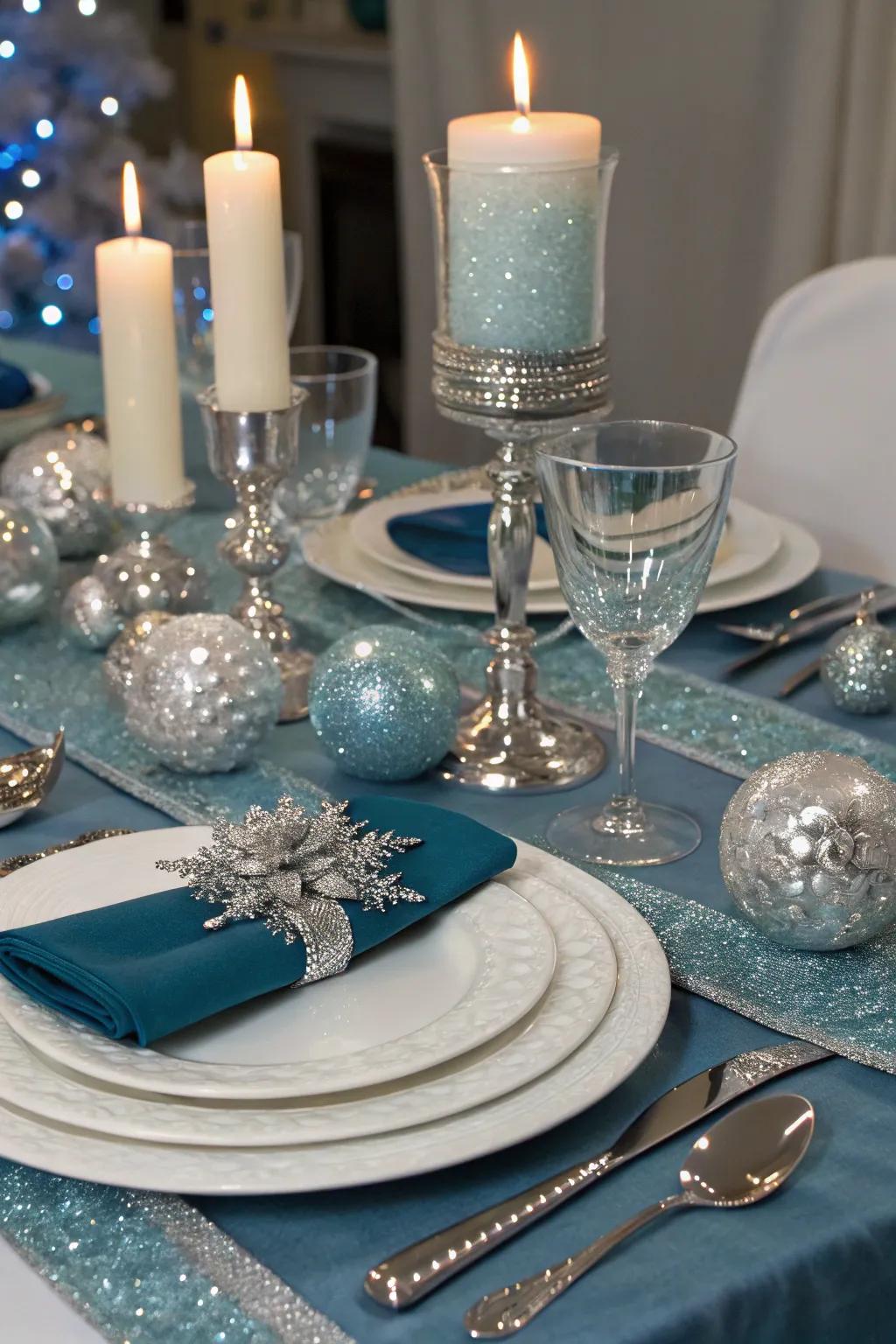 Sparkling table settings enhance the winter wonderland style.