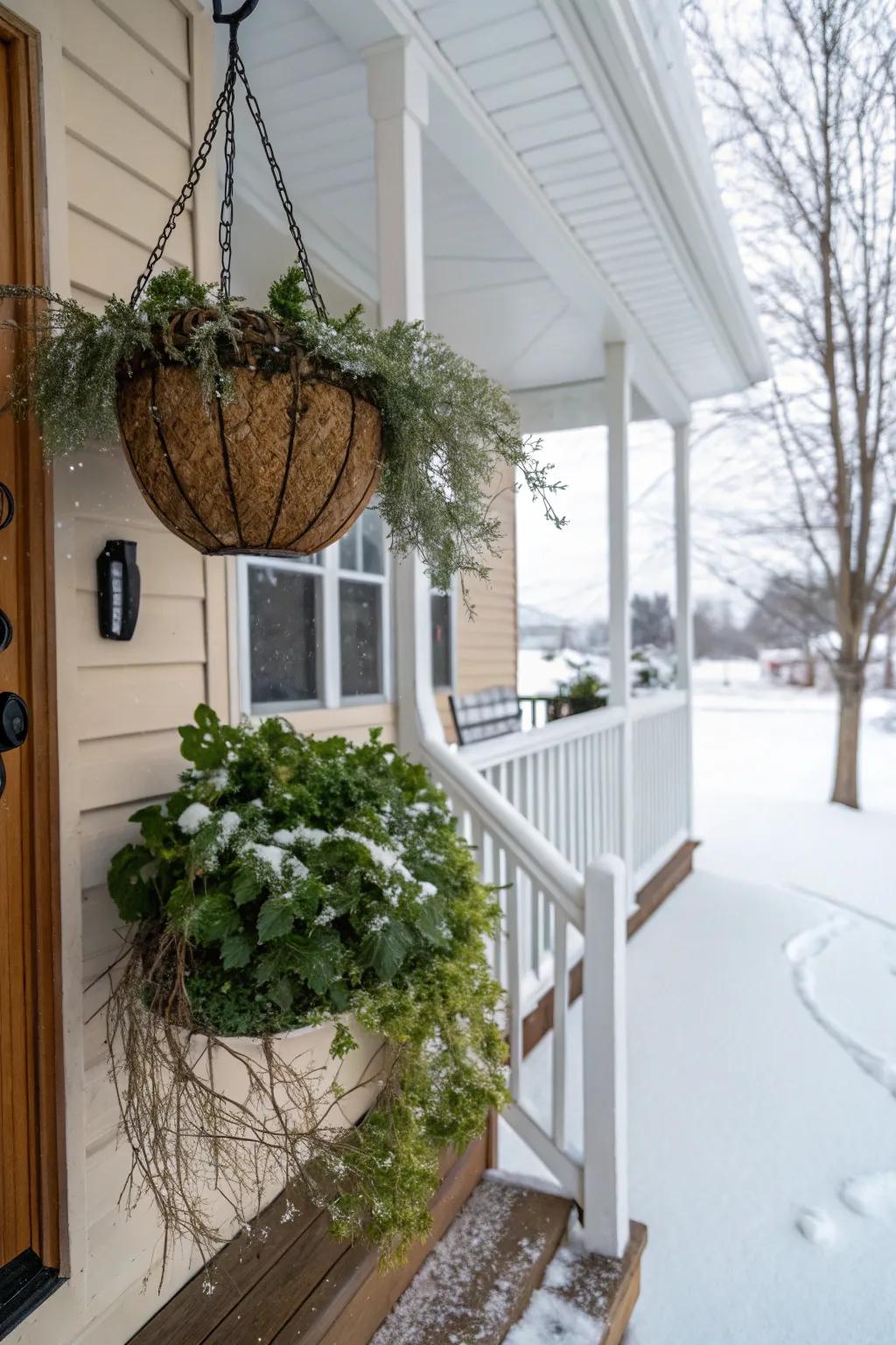 A suspended door basket brimming with winter vegetation.