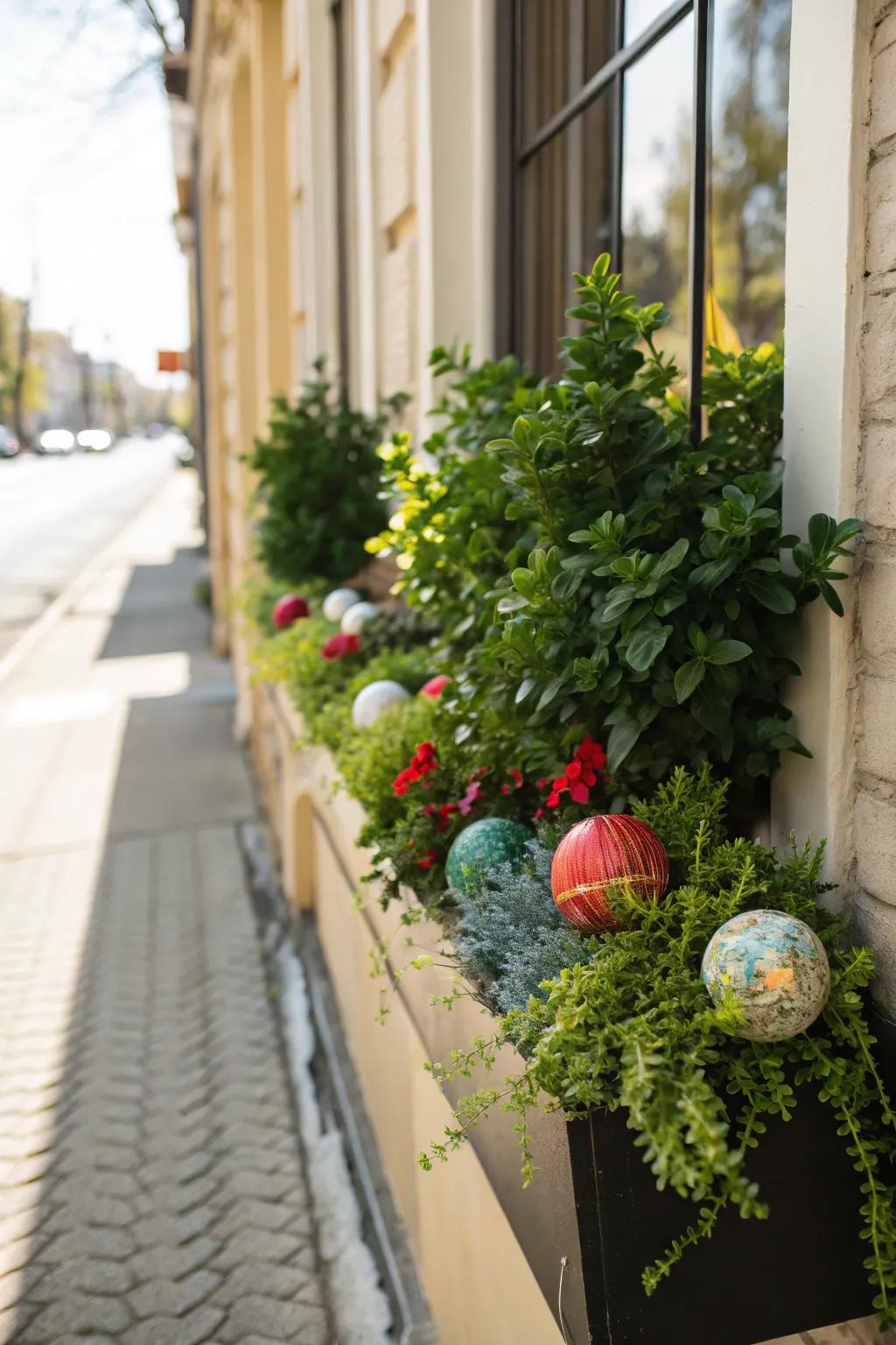 Ornamental spheres introduce a whimsical element to this festive window box.