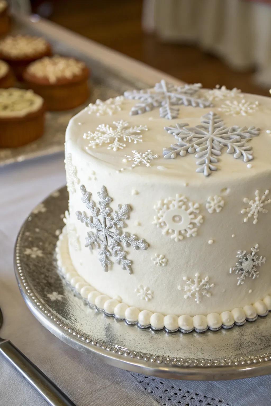 A composition of crystalline patterns adorns this winter wonderland cake.