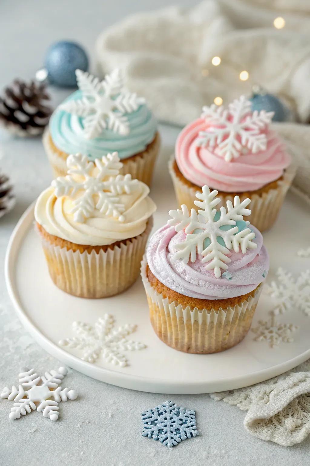 Delightful cupcakes featuring a wintry alteration.
