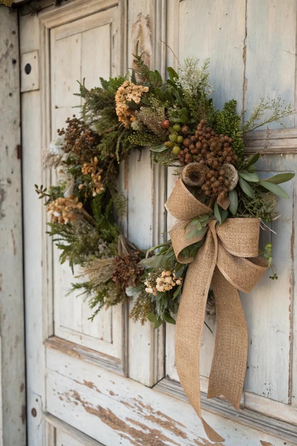 Burlap introduces a vintage nuance to this enchanting wreath.