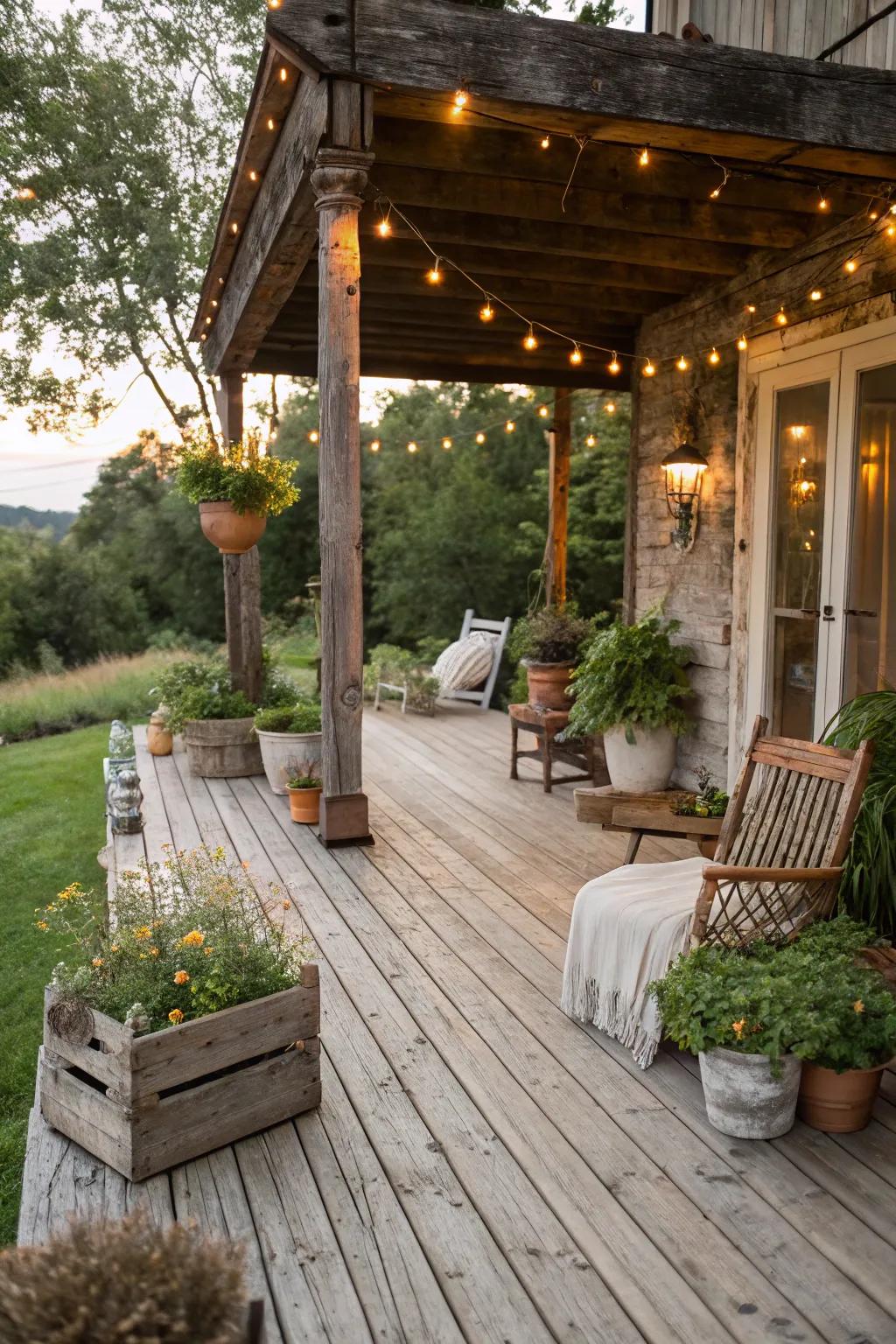 A rustic deck motif cultivates a beguiling and inviting milieu.