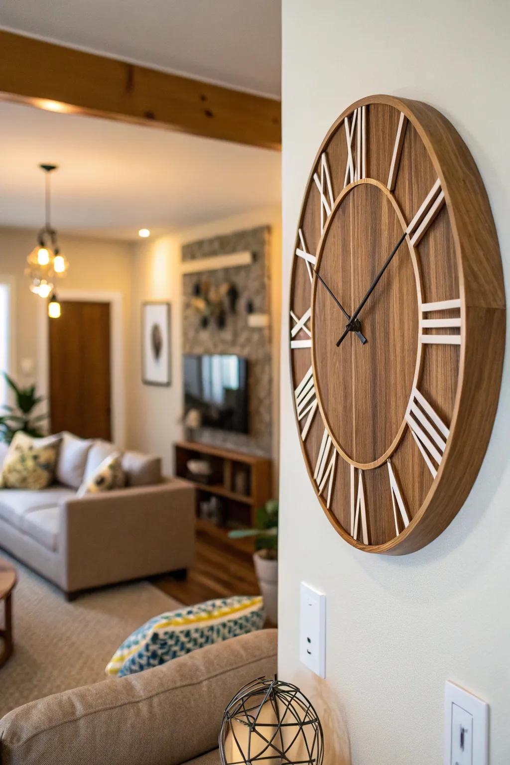 A wooden clock that melds function with artistic design.