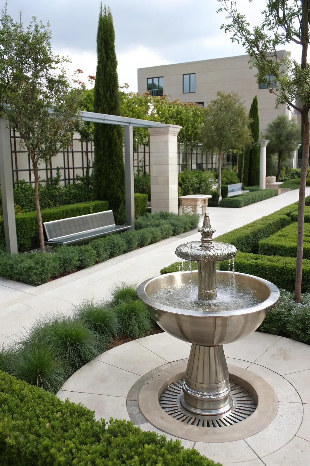 A lustrous polished metal cascade providing a modern touch to the garden.