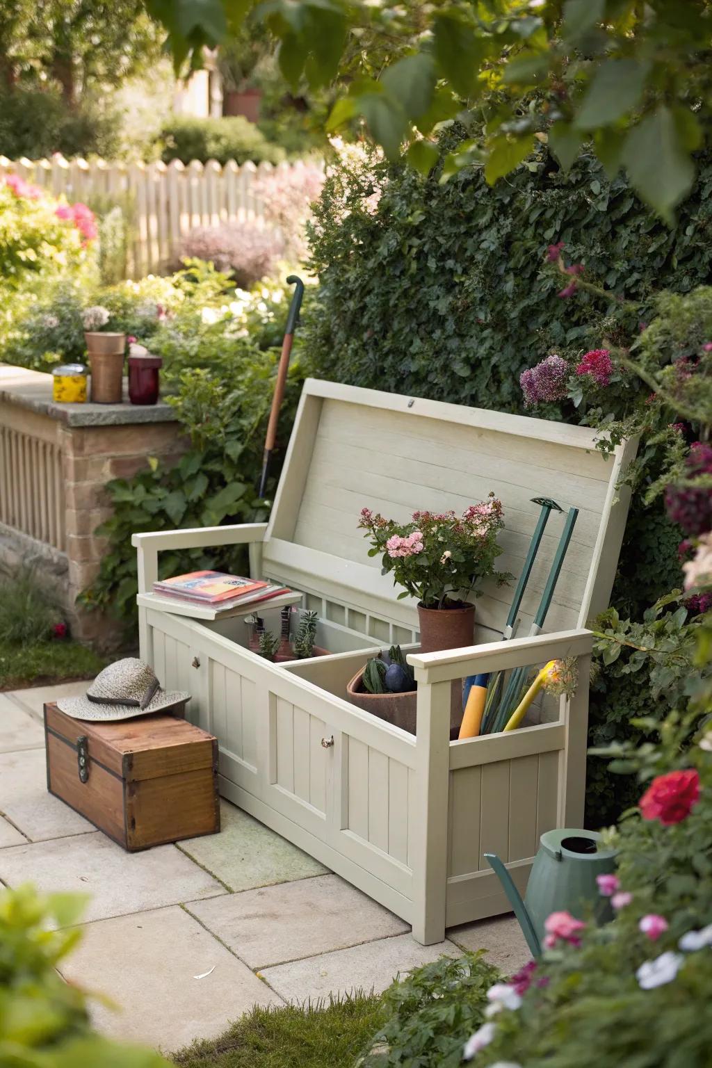 Dual-purpose seating with hidden tool storage.
