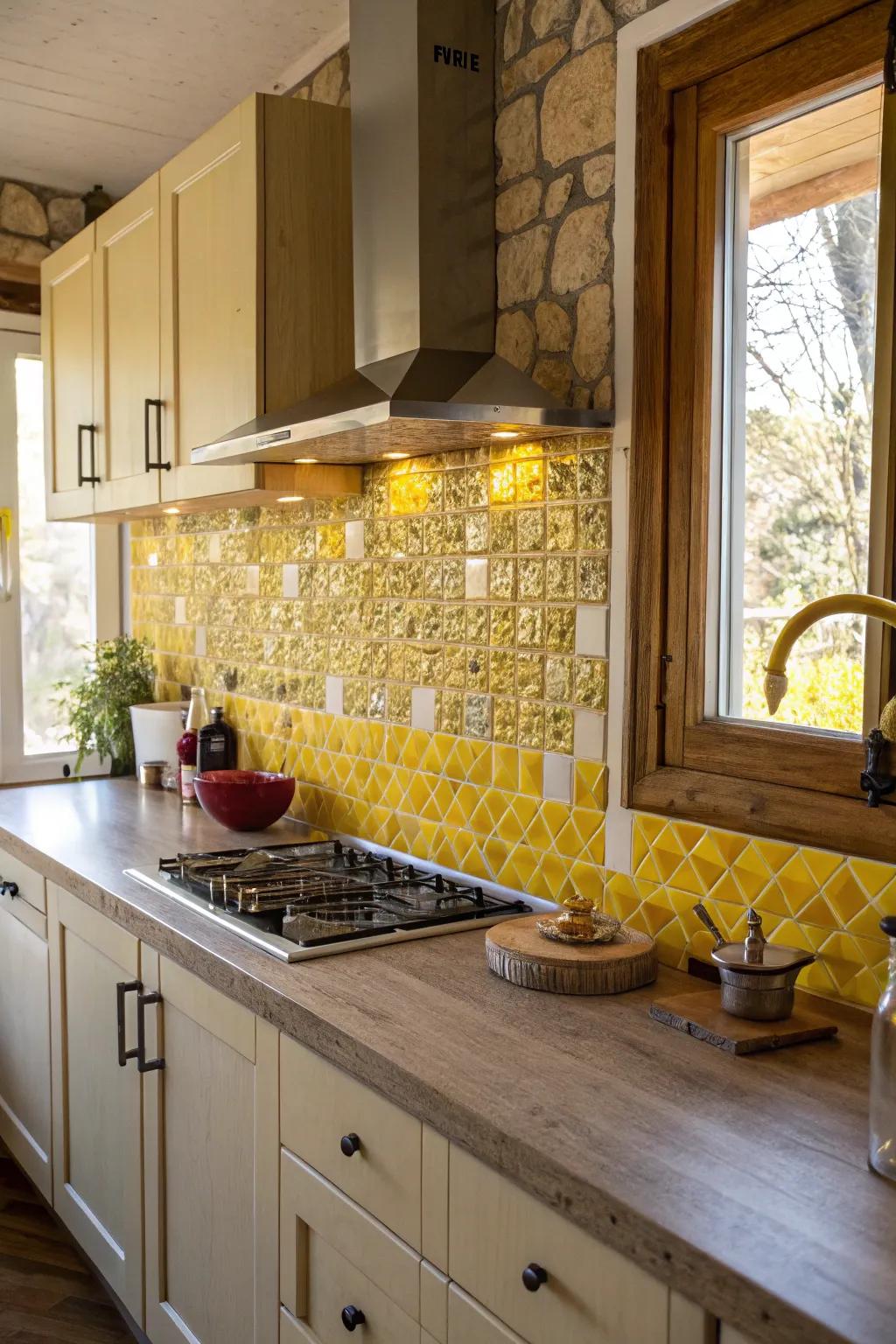 Detailed tiles in tints of goldish provide depth and texture.