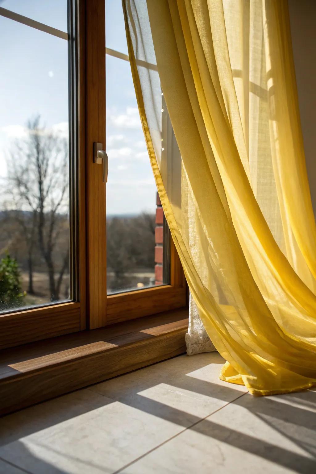 Yellow curtains accentuate the scenery and brighten the kitchen with natural light.