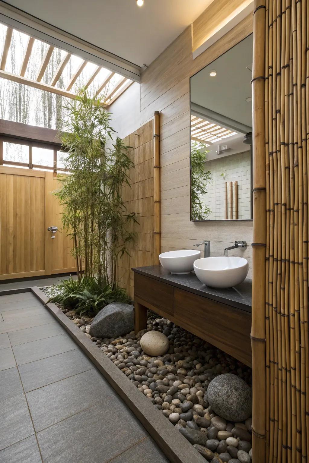 Nature-derived aspects like bamboo contribute authenticity to a zen bathroom.