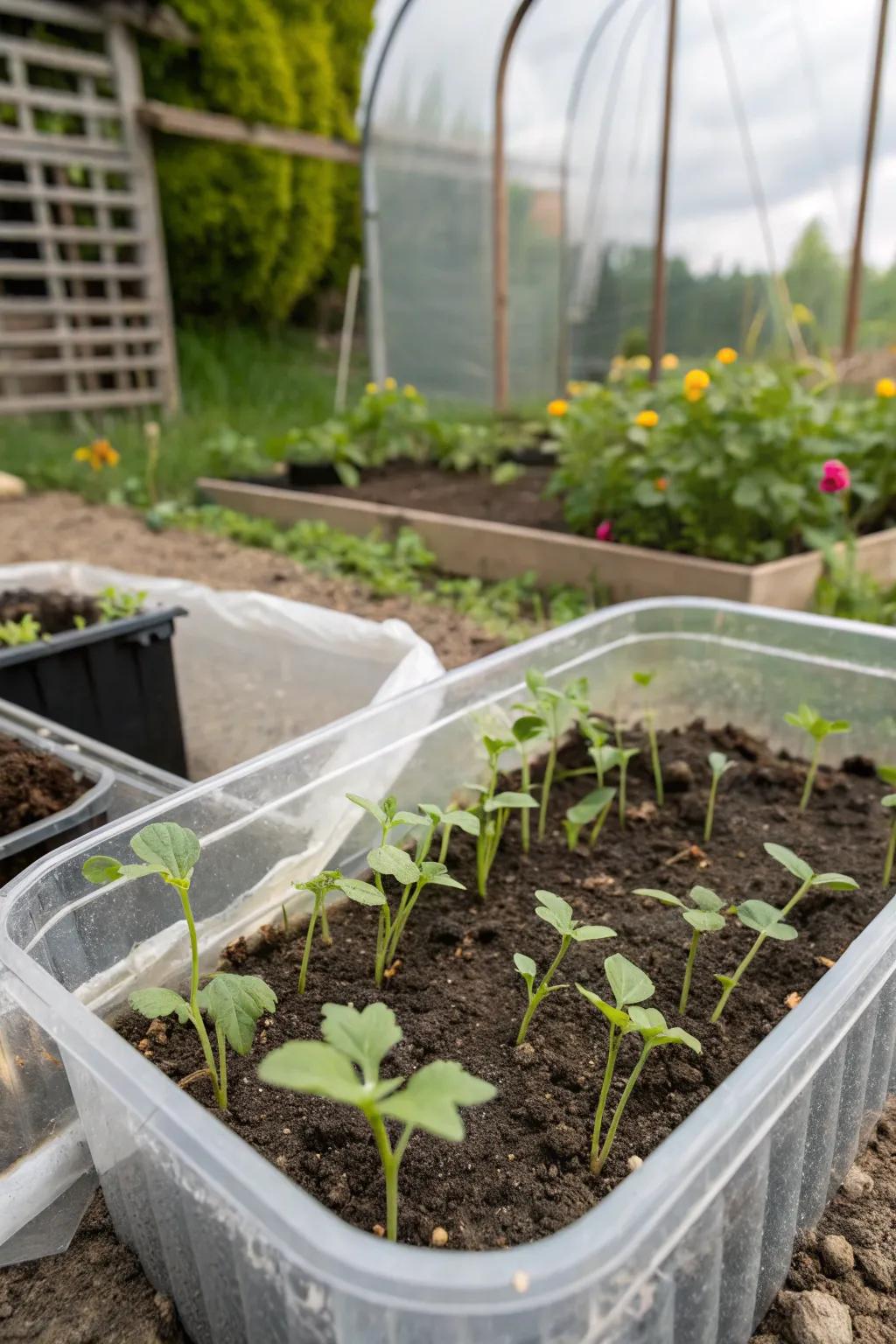 A plastic bin greenhouse nurturing young semen.