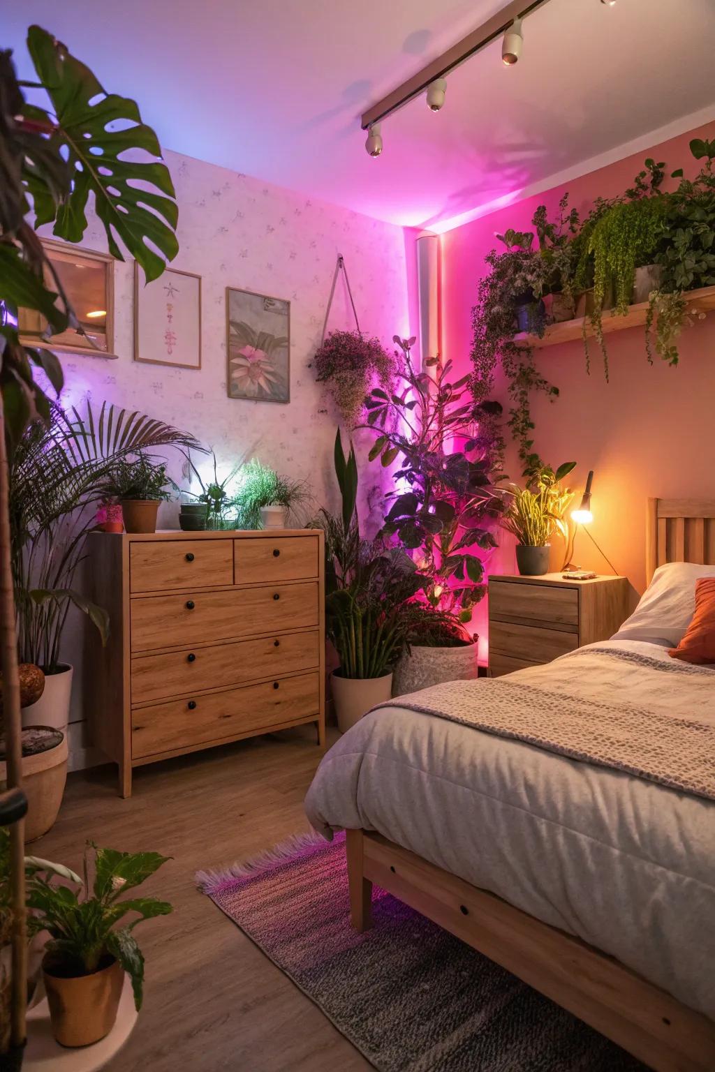 Dynamic flora illuminated by LED lights, injecting life into the chamber.