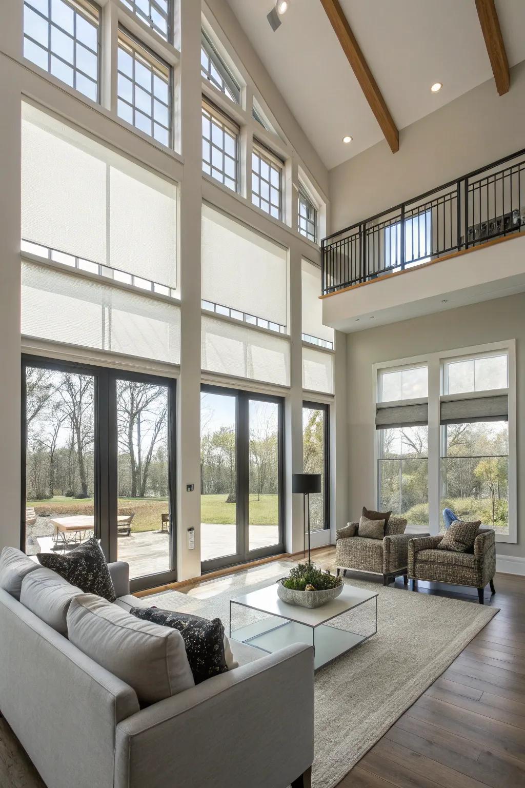 Smart window screens provide convenience and control in a modern great room.