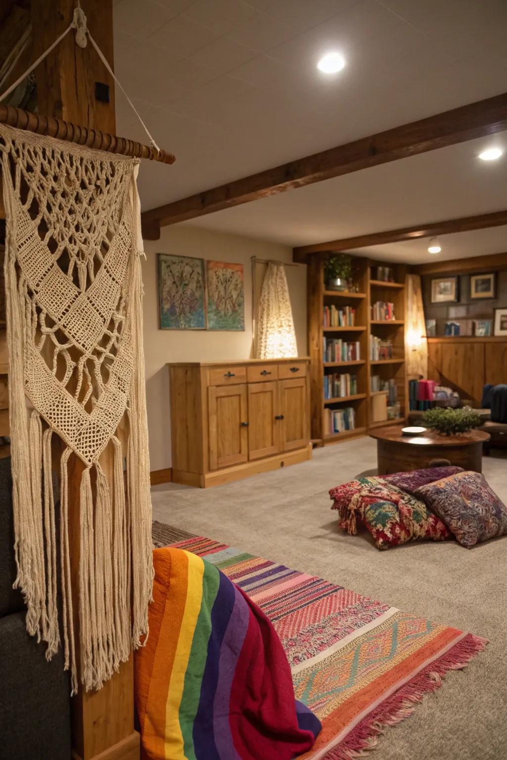 Macramé and woven fabrics provide a bohemian panache.