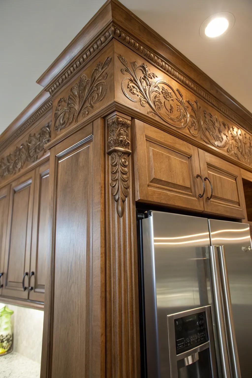 Ornamental accents introduce elegance and panache to kitchen cabinetry.