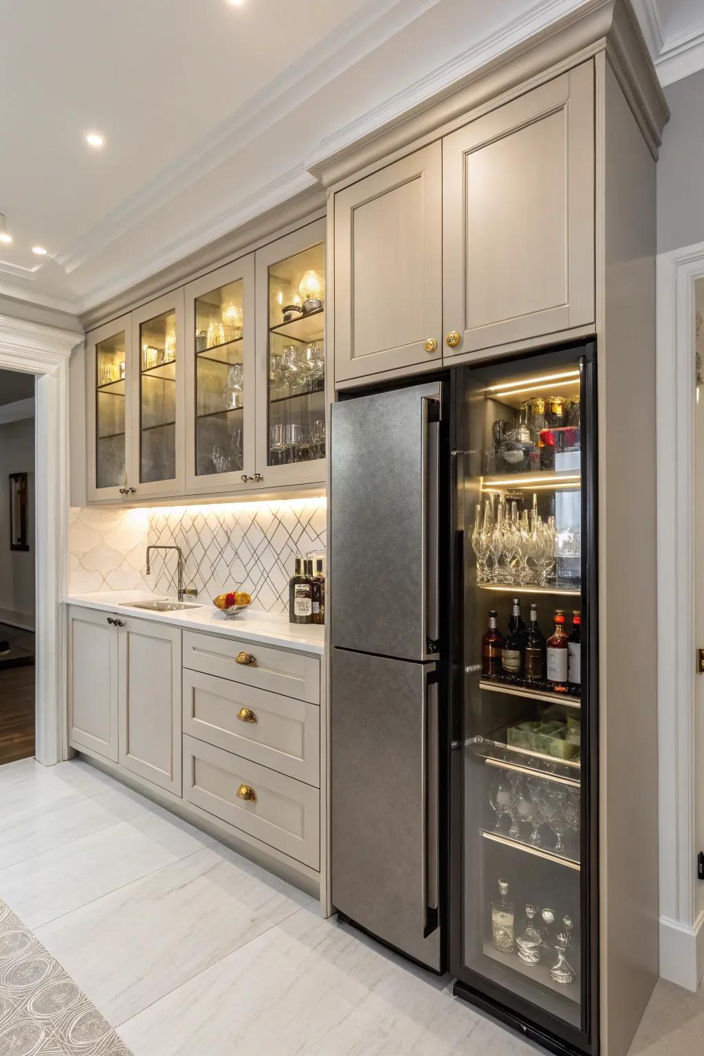 A clandestine liquor cabinet imparts sophistication above the fridge.