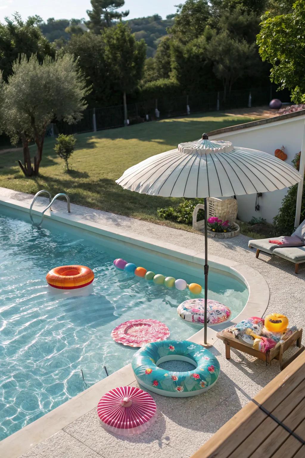 Enhance your pool with playful floats and elegant shields.