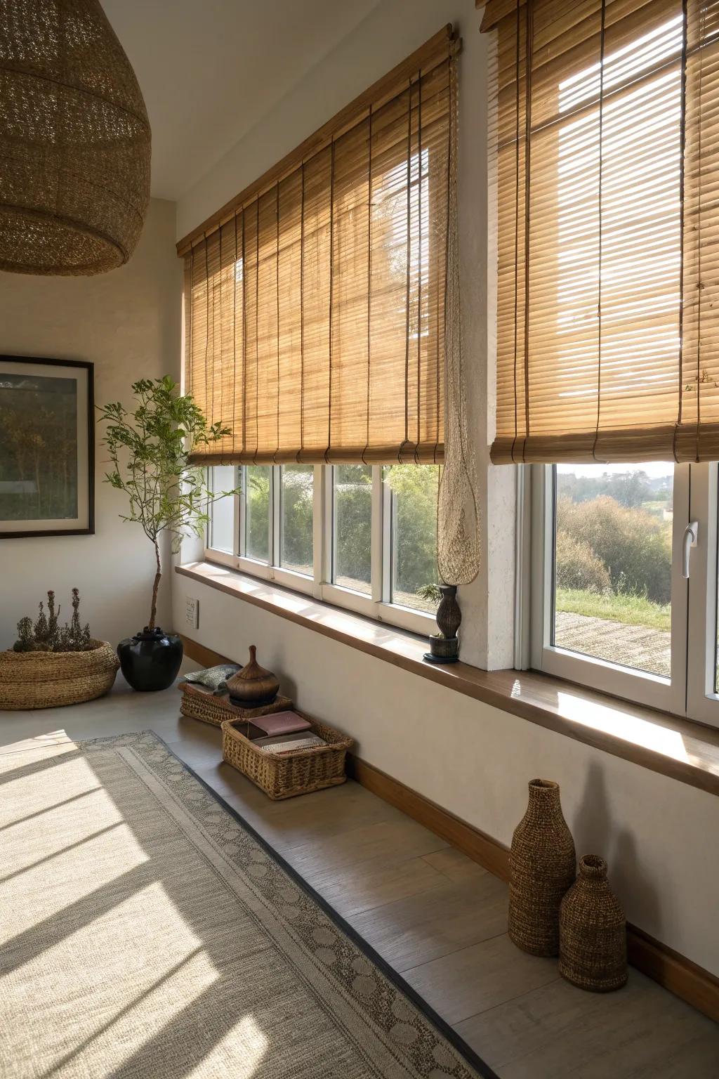 Bamboo screens present natural texture and comforting tones.