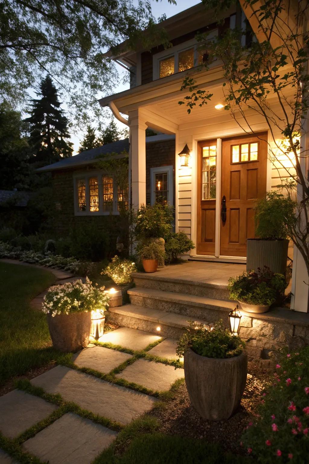 An appealing entranceway featuring a charming path leading to the porch.