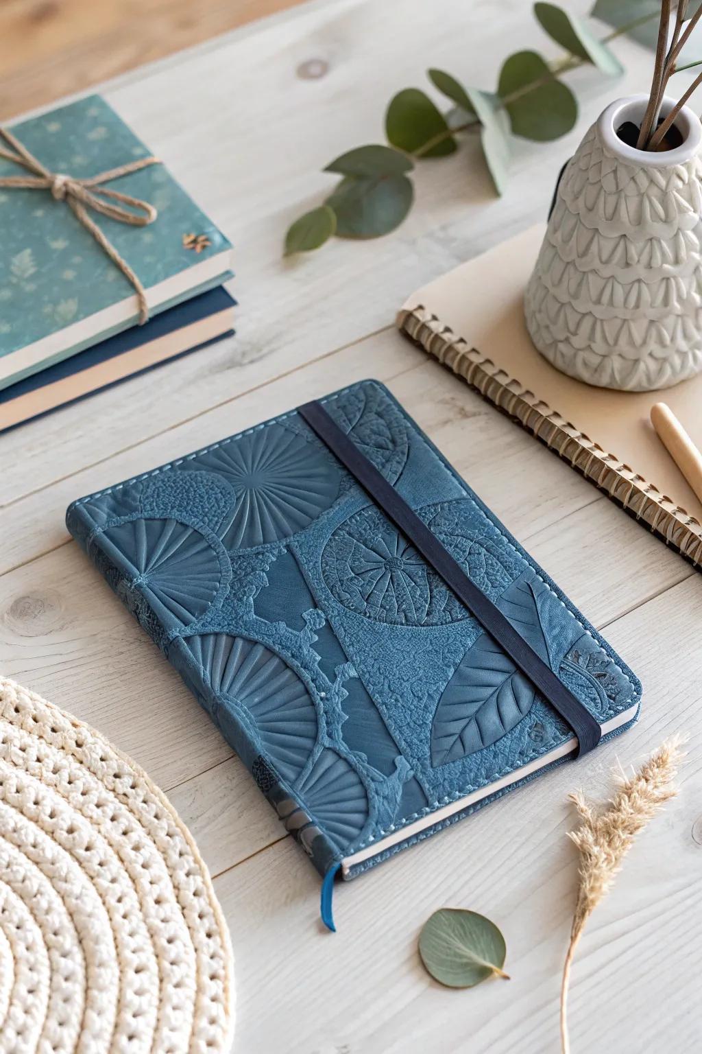 Embrace the allure of monochromatic enchantment through the instrumentality of a chic cerulean notebook cover, thereby enunciating unpretentiousness and refinement.