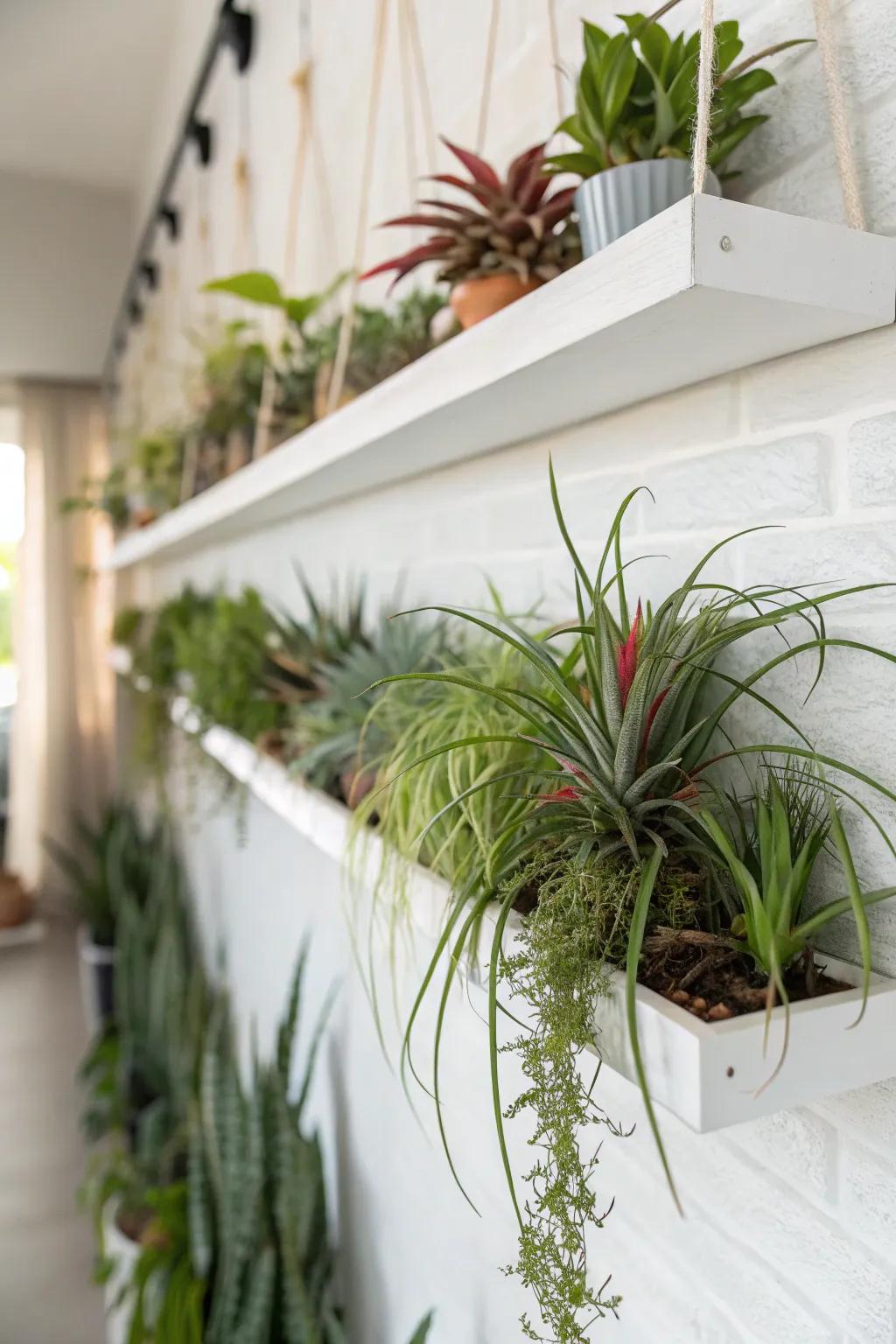 Floating shelves furnish a straightforward avenue for exhibiting air plants elegantly.