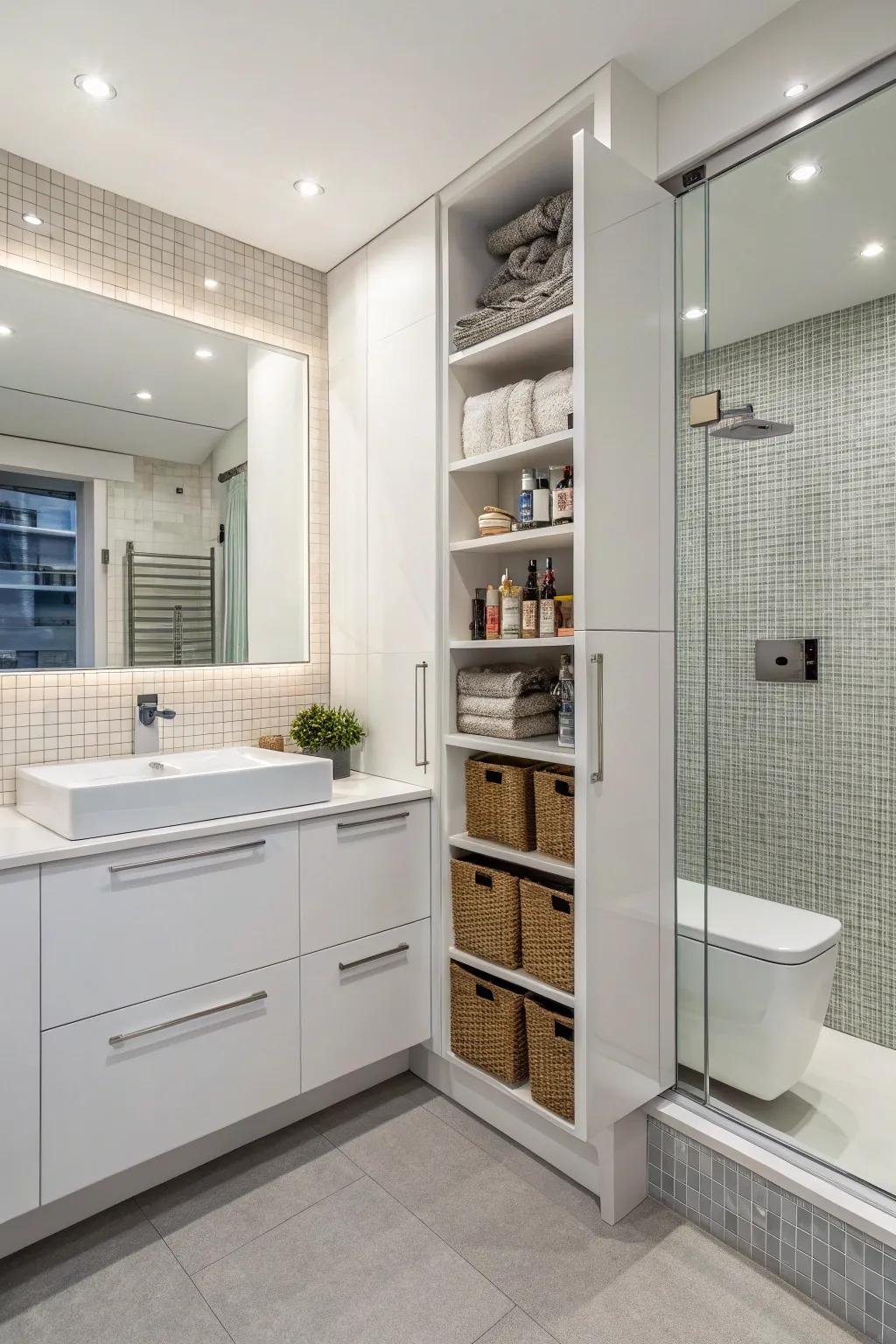 A well-organized and uncluttered bathroom is achieved through clever storage.