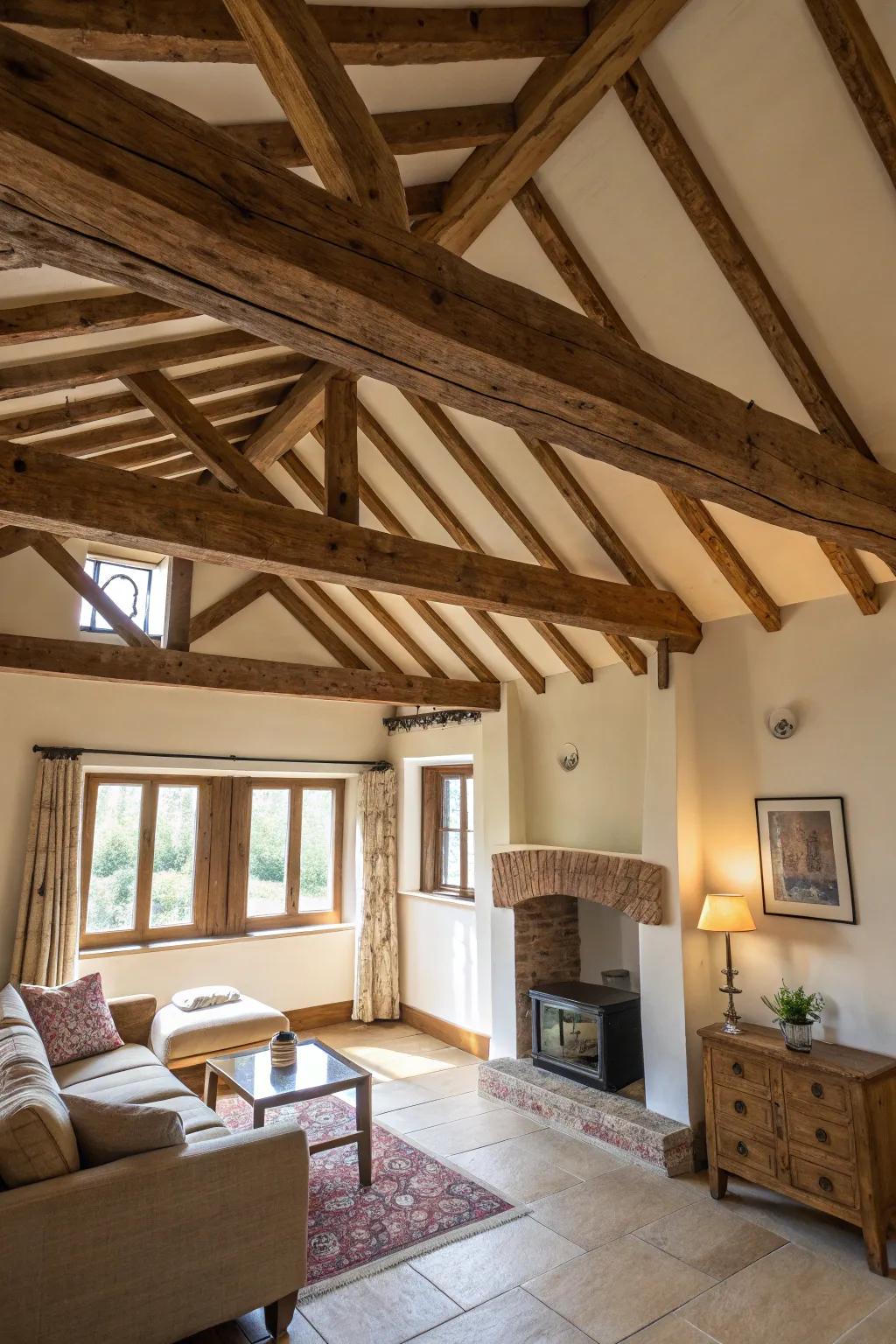 Visible beams contributing rustic allure to a colonial-style room.