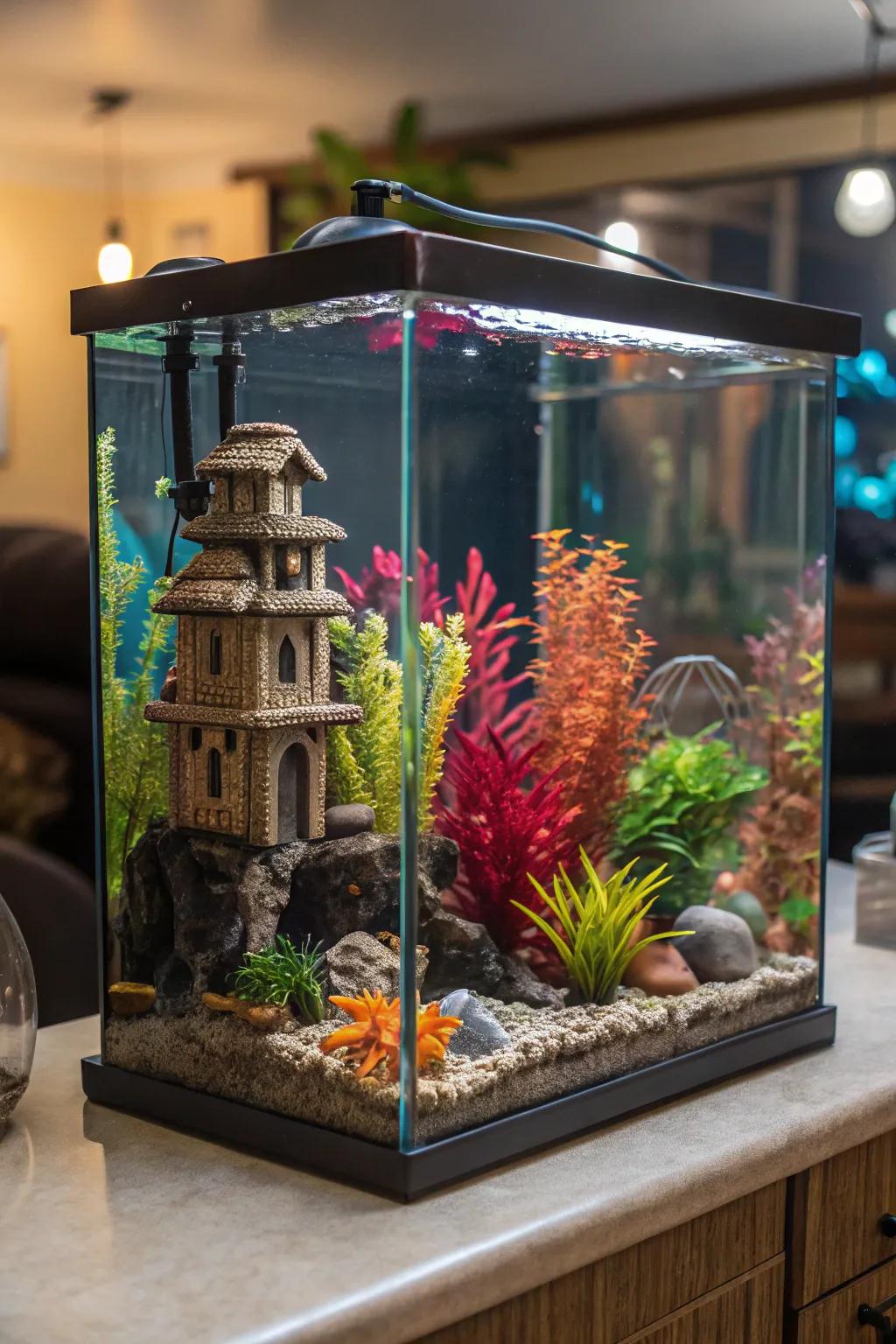 A vibrant mix of plants and decor enhances the tank's brightness.