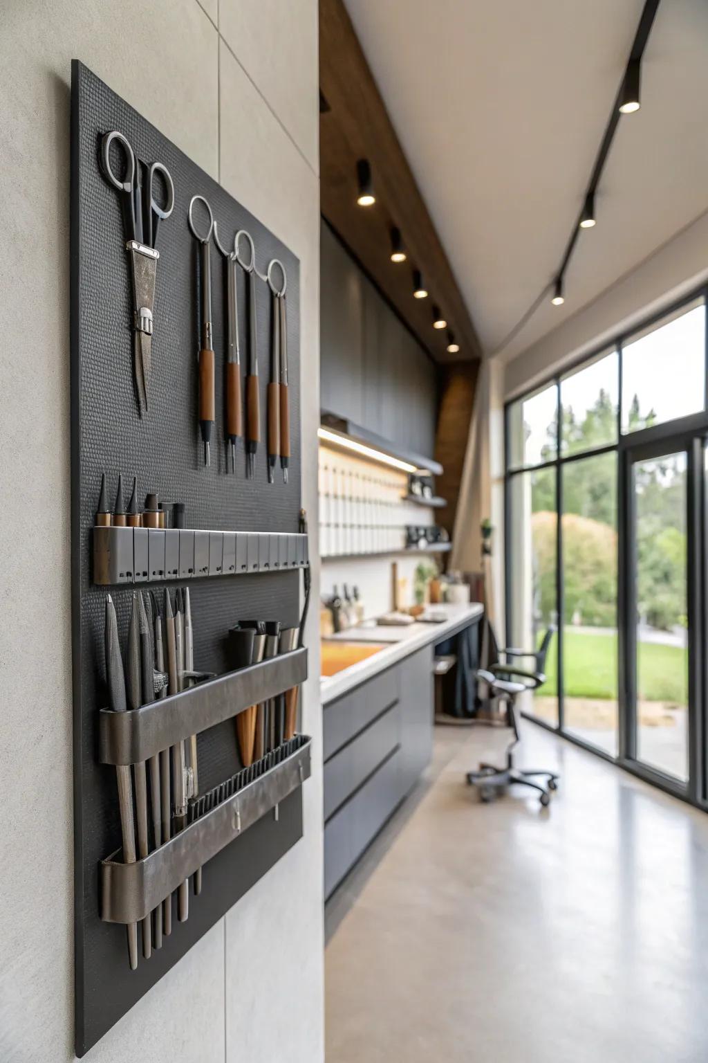 Magnetic strips keep metallic instruments arranged and accessible.