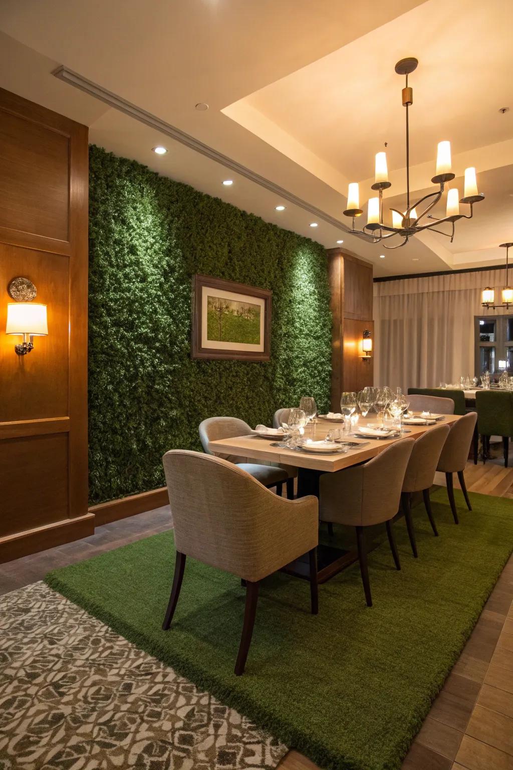 A dining area enlivened by the refinement of a simulated verdant wall.