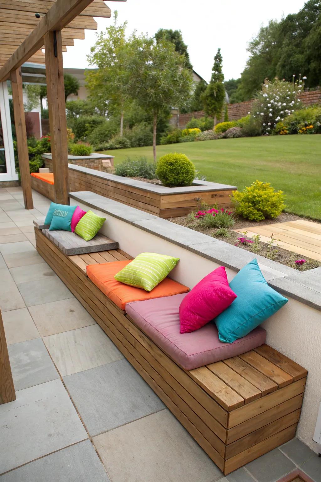 Integrated seating imparts a seamless and capacious impression.