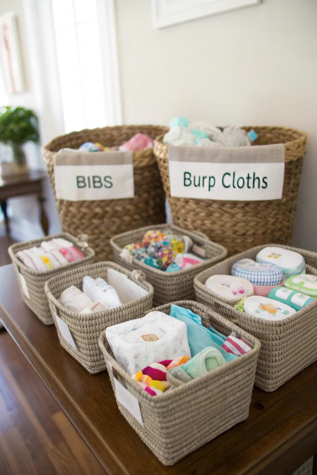 Labeled containers furnish facile ingress to infant necessities.