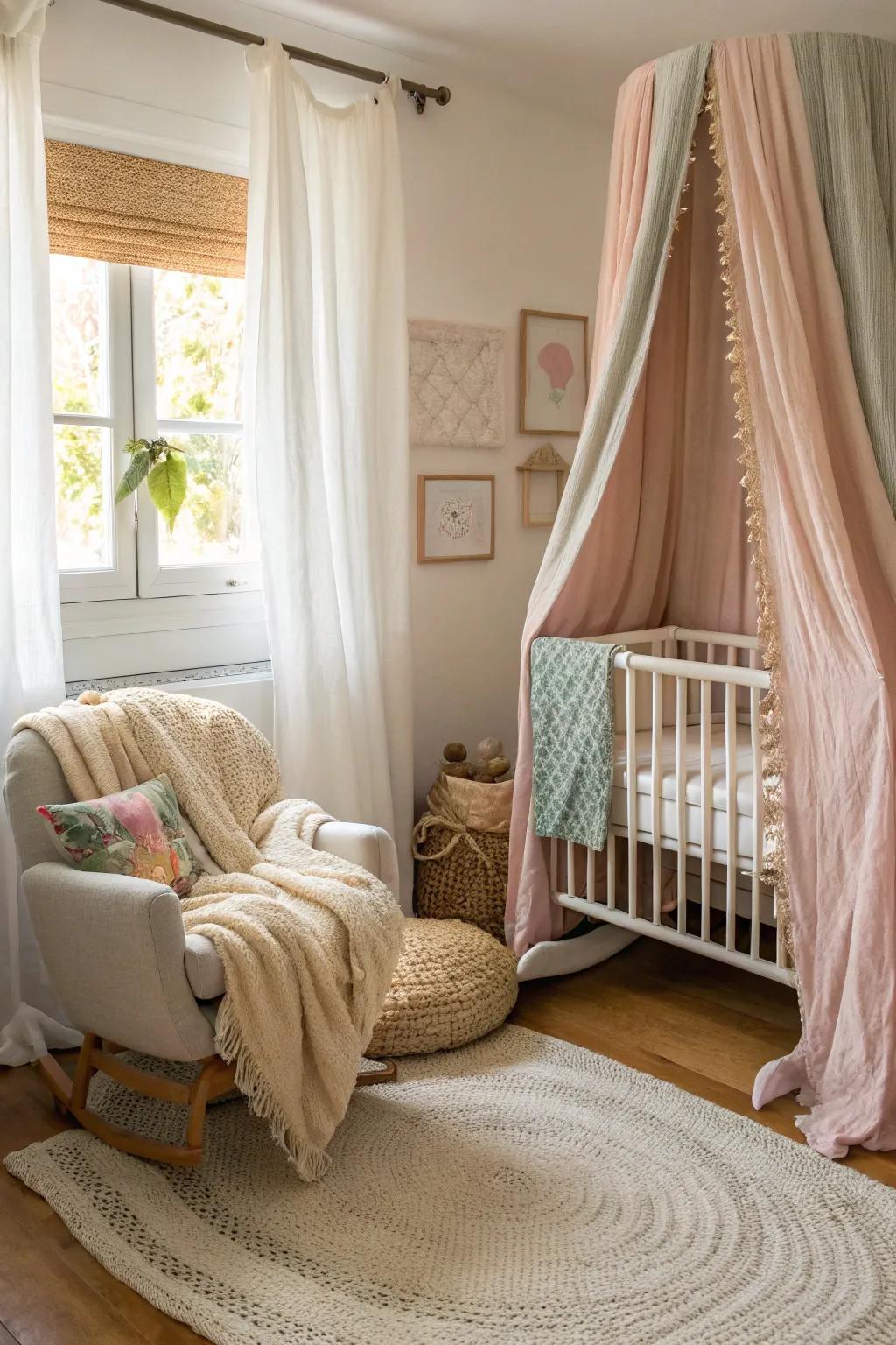 Layered textiles fashion a cozy and welcoming space.