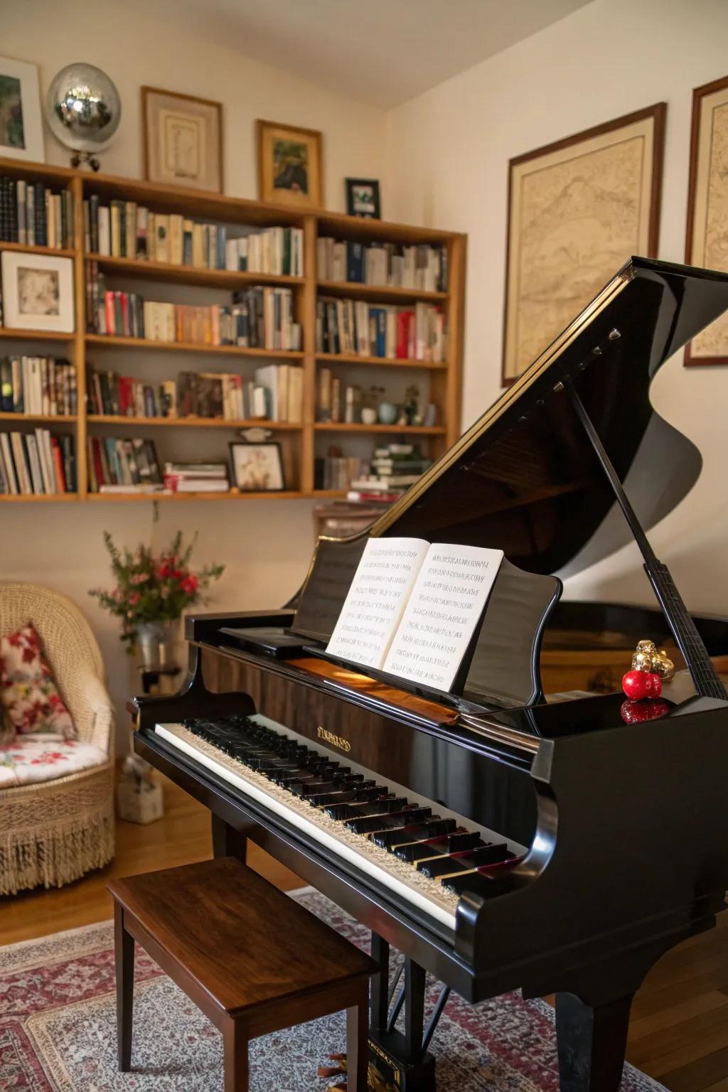 Bookshelves provide both ornamentation and storage near the piano.