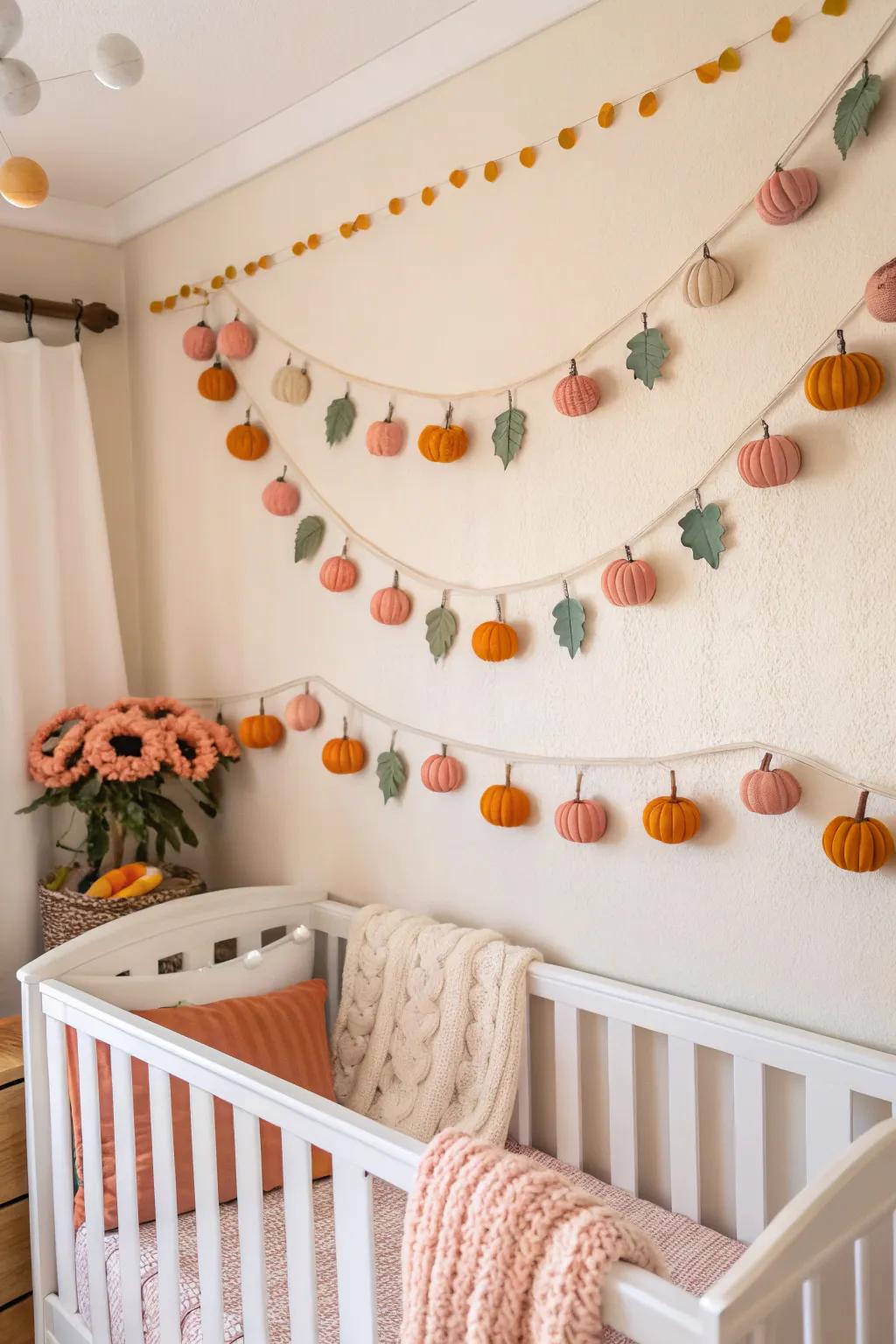 A gourd festoon introduces a celebratory ambiance to a nursery.