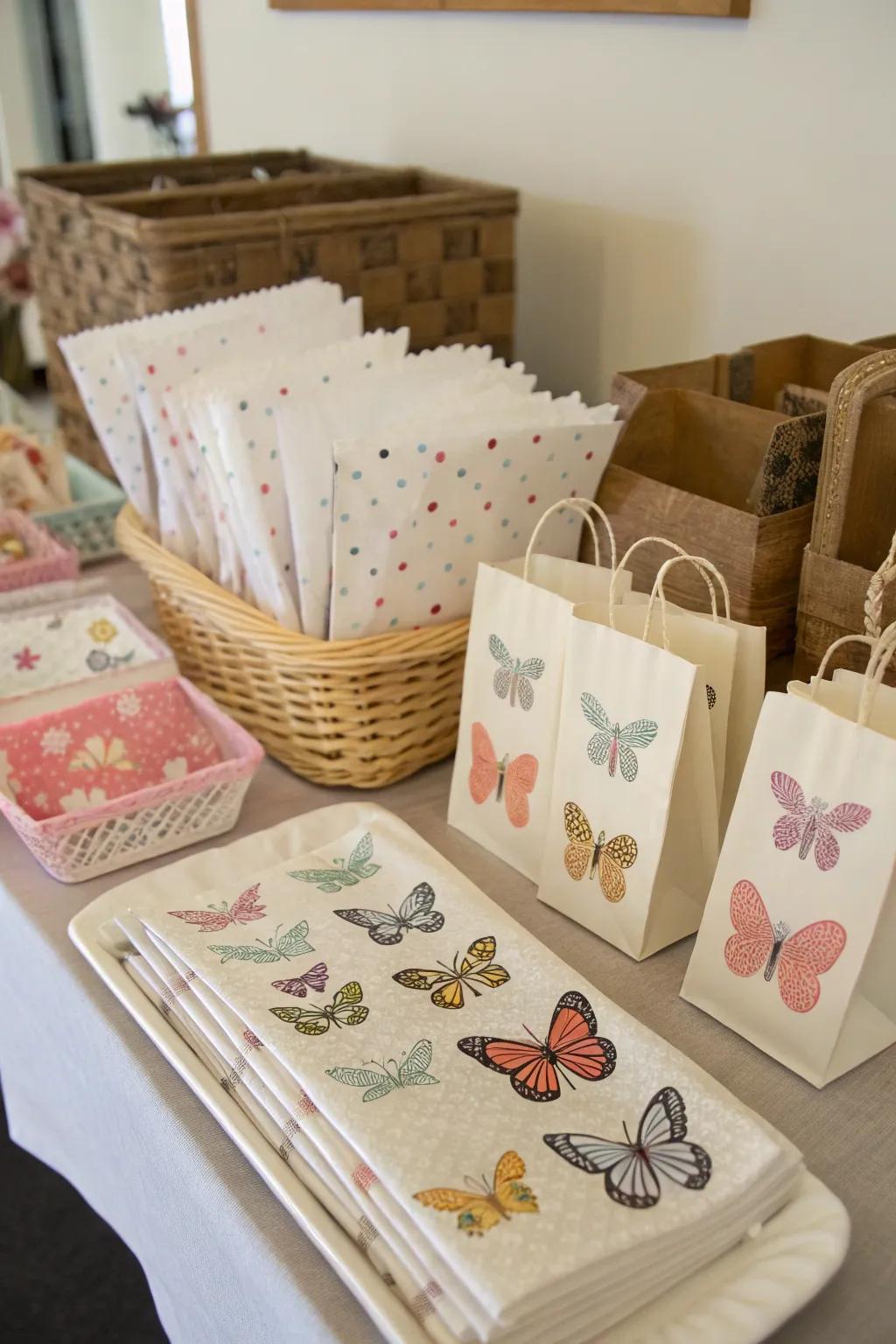 Paper goods bearing butterfly imprints, bestowing an air of refinement upon the minutiae.