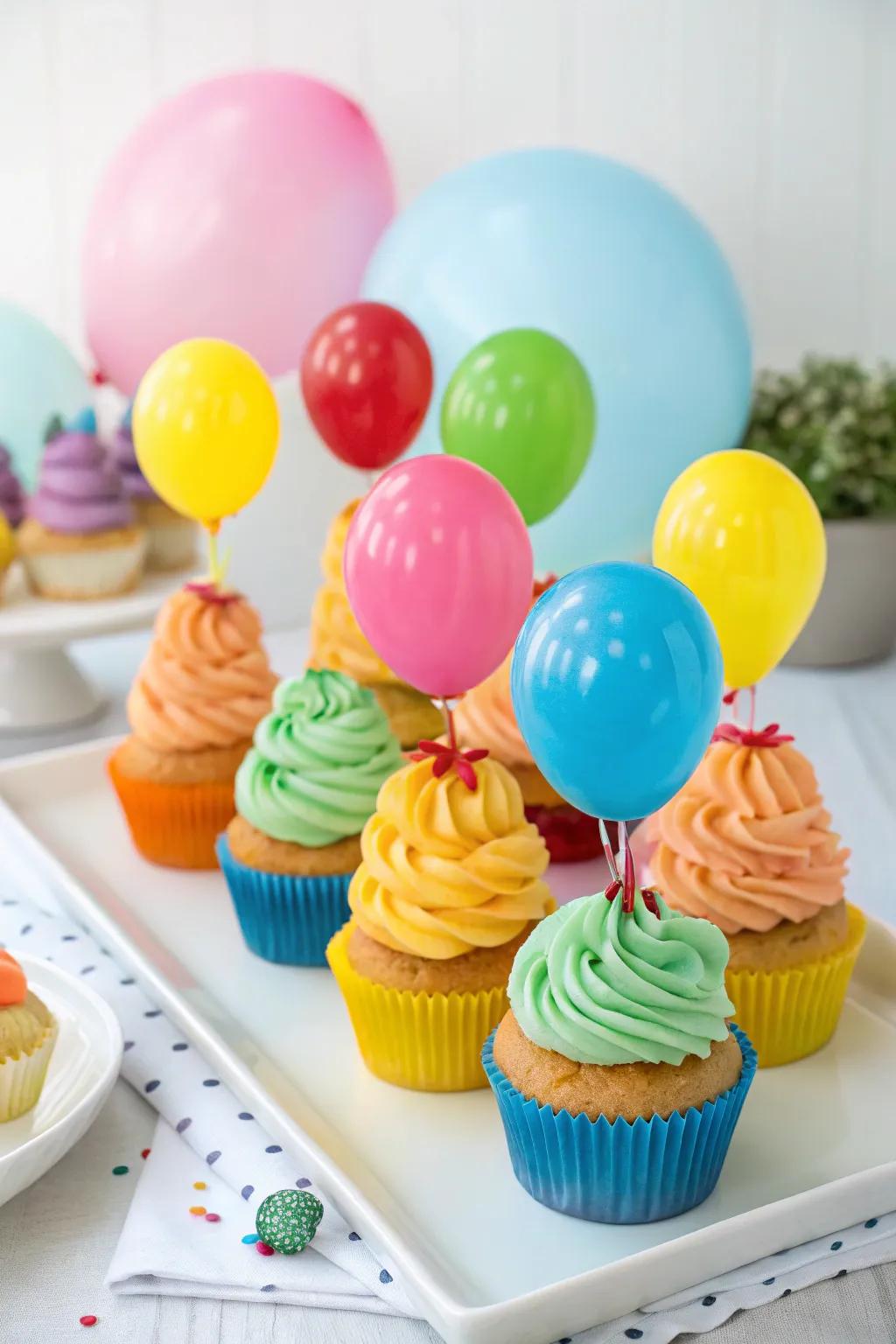 Balloon-themed cupcakes infuse a surge of enjoyment into the celebration.