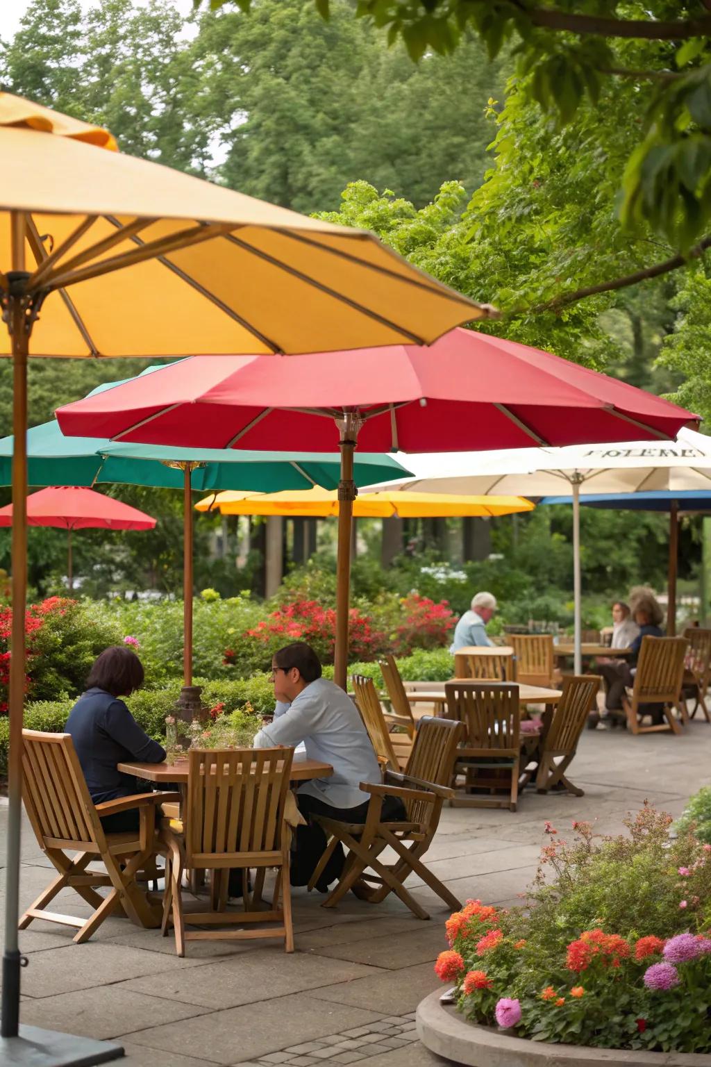 Outdoor seating vicinity with parasols and awnings for shade.