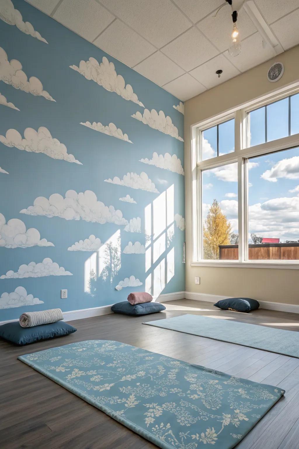 A meditation chamber featuring a sky-themed surface, showcasing a gentle azure expanse and cirrus formations.