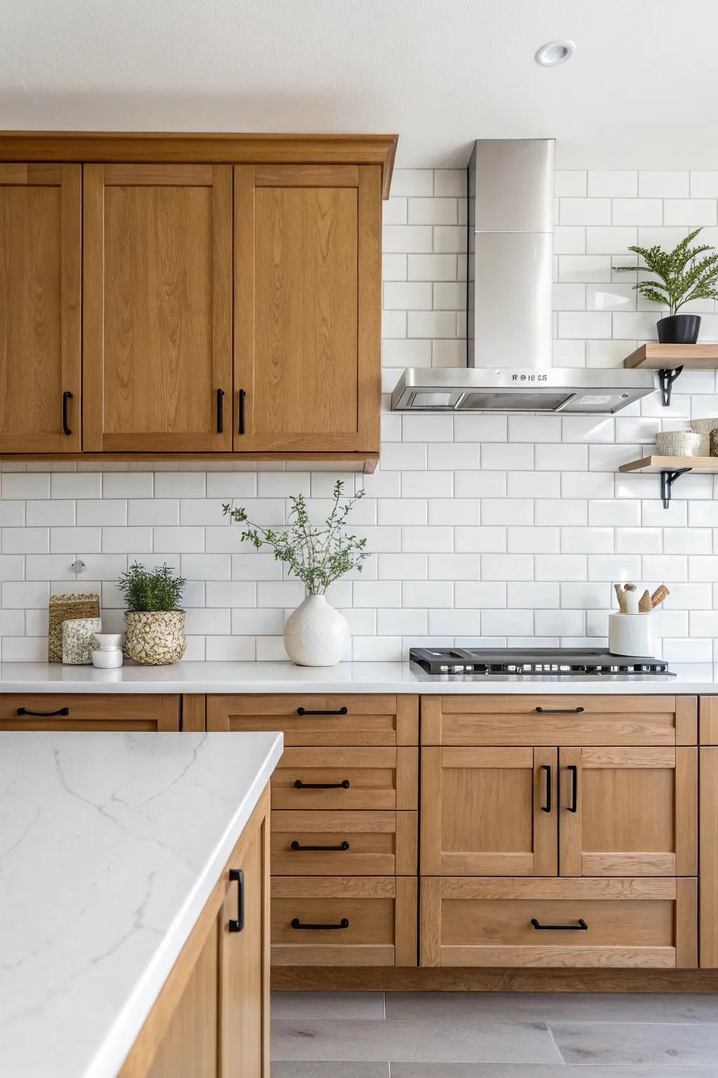 A minimalist white backsplash enhances the inherent allure of maple cabinets.