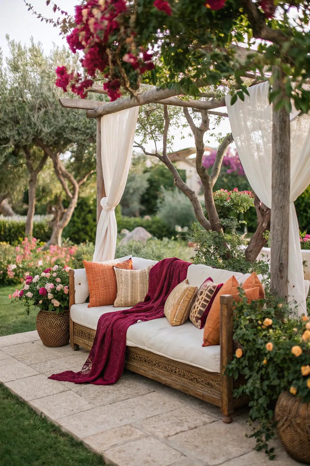 Cushions and textiles amplify comfort and panache across open-air couches.