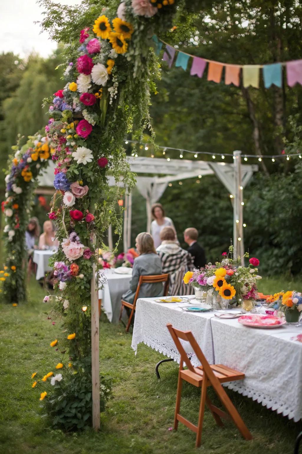 DIY botanical swags contribute a rustic charm to the garden celebration.
