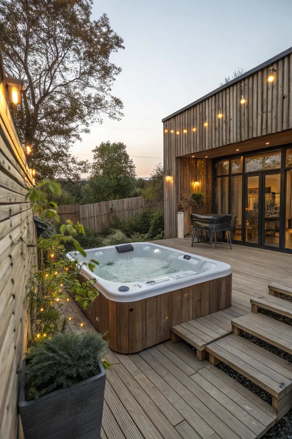 The fusion of modern and rustic components cultivates a distinctive spa expanse.