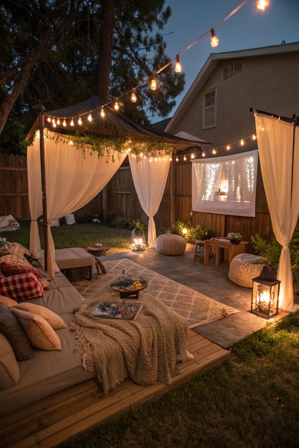 Tent canopies fashion an intimate and graceful movie night setting.