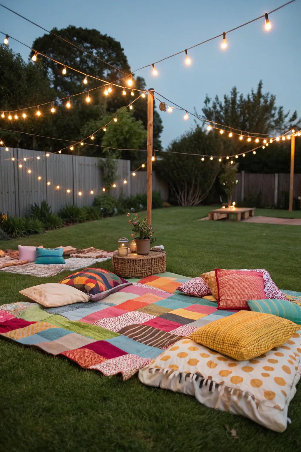 Picnic textiles present a laid-back and welcoming seating blueprint.