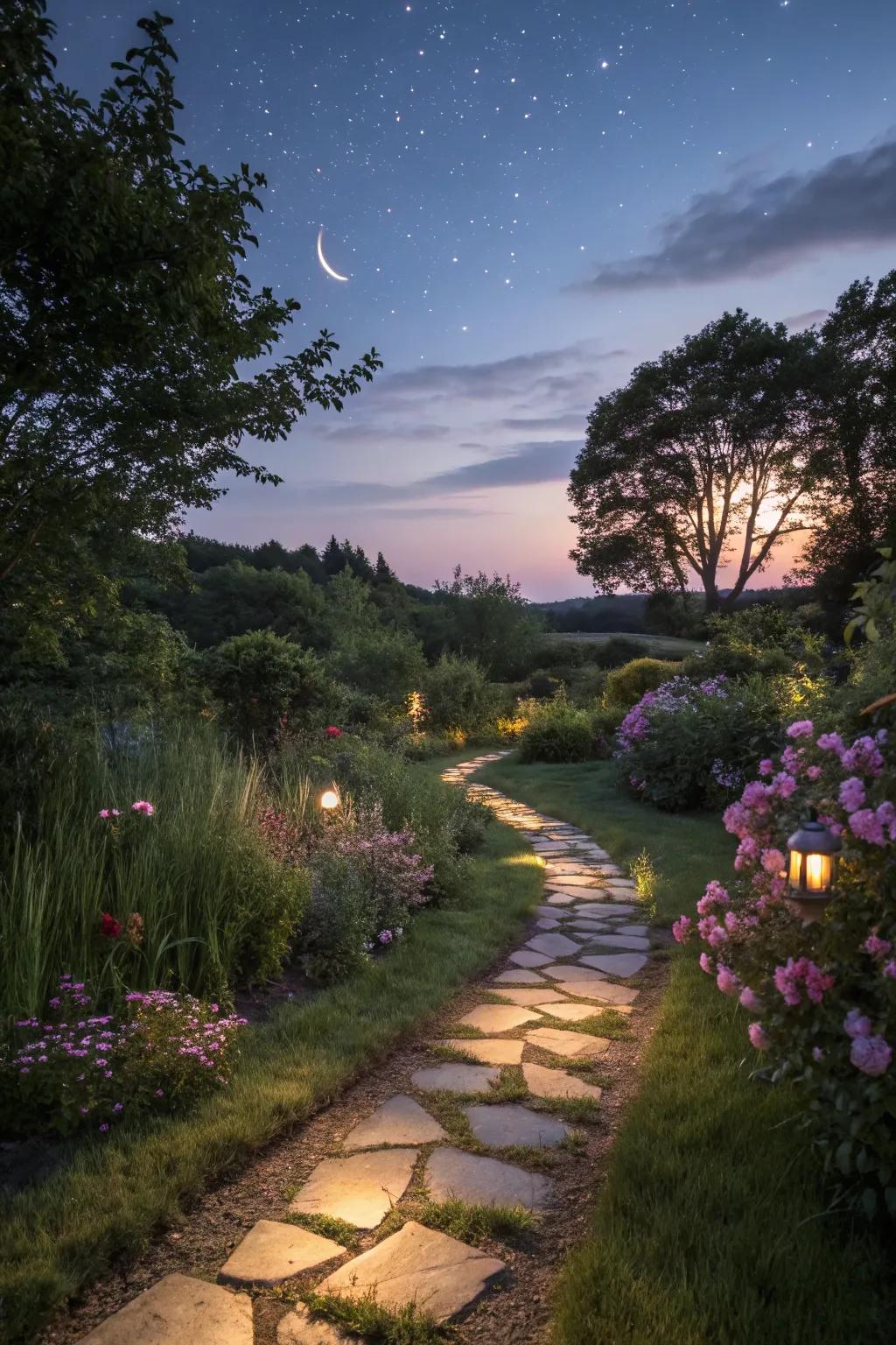 Solar lights boost the beauty and function of stepping stone trails.