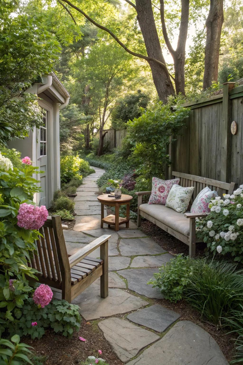 A secluded nook with seating nestled along a scenic trail.