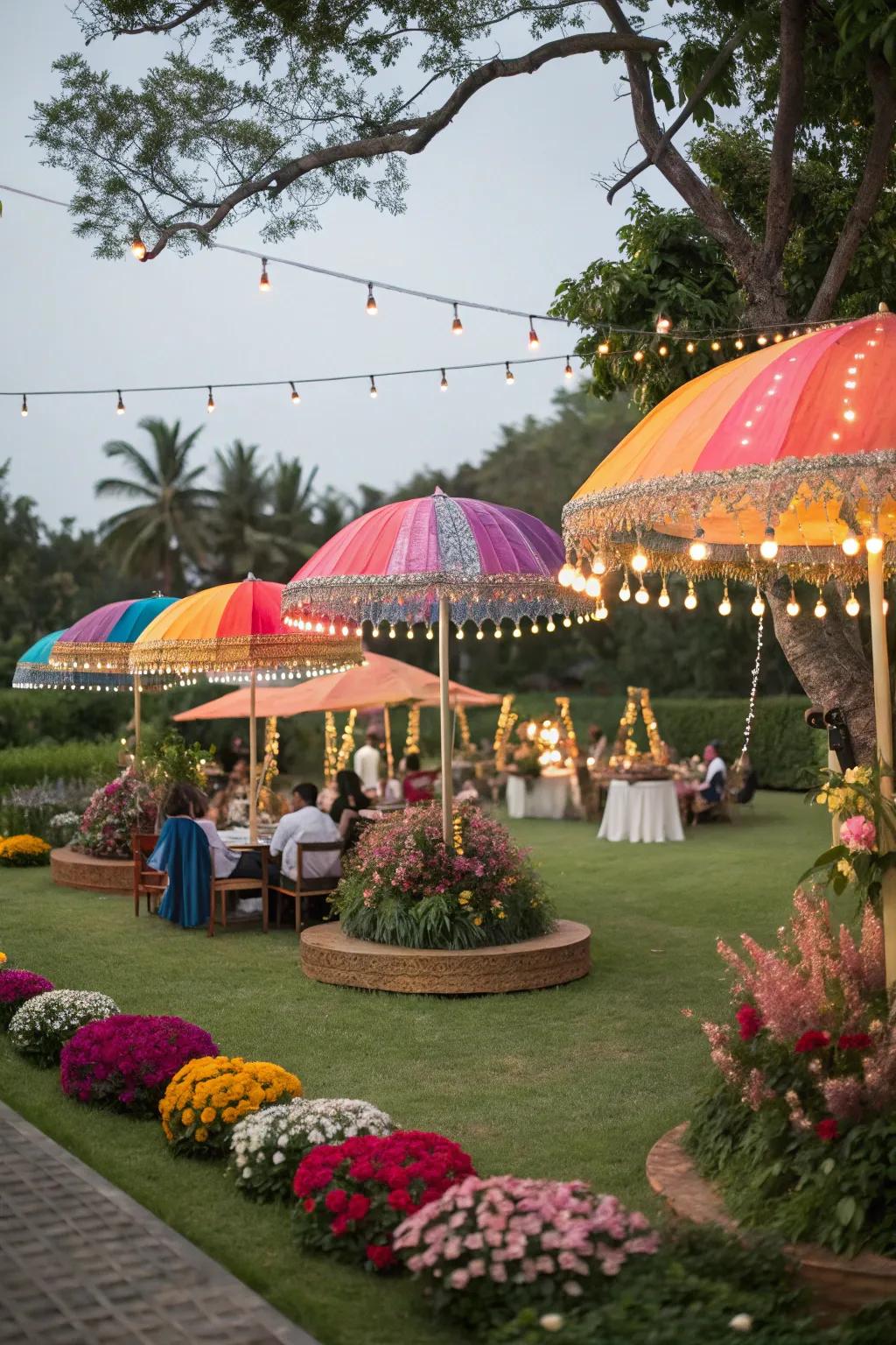 A stylish garden party with coordinated umbrellas.